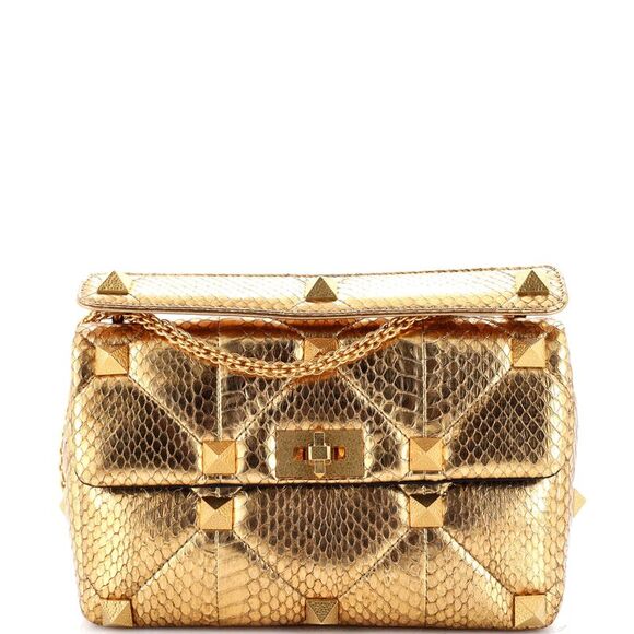 Valentino Garavani Roman Stud Flap Bag Quilted Python Medium Gold - Picture 1 of 6